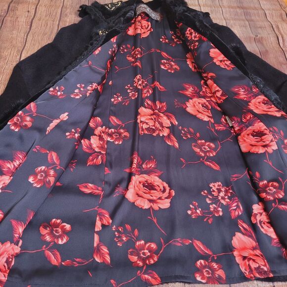 Olivine Gabbro Coat Womens 6 Black Alpaca Embellished Mid Length Rabbit Fur Trim - Picture 10 of 16